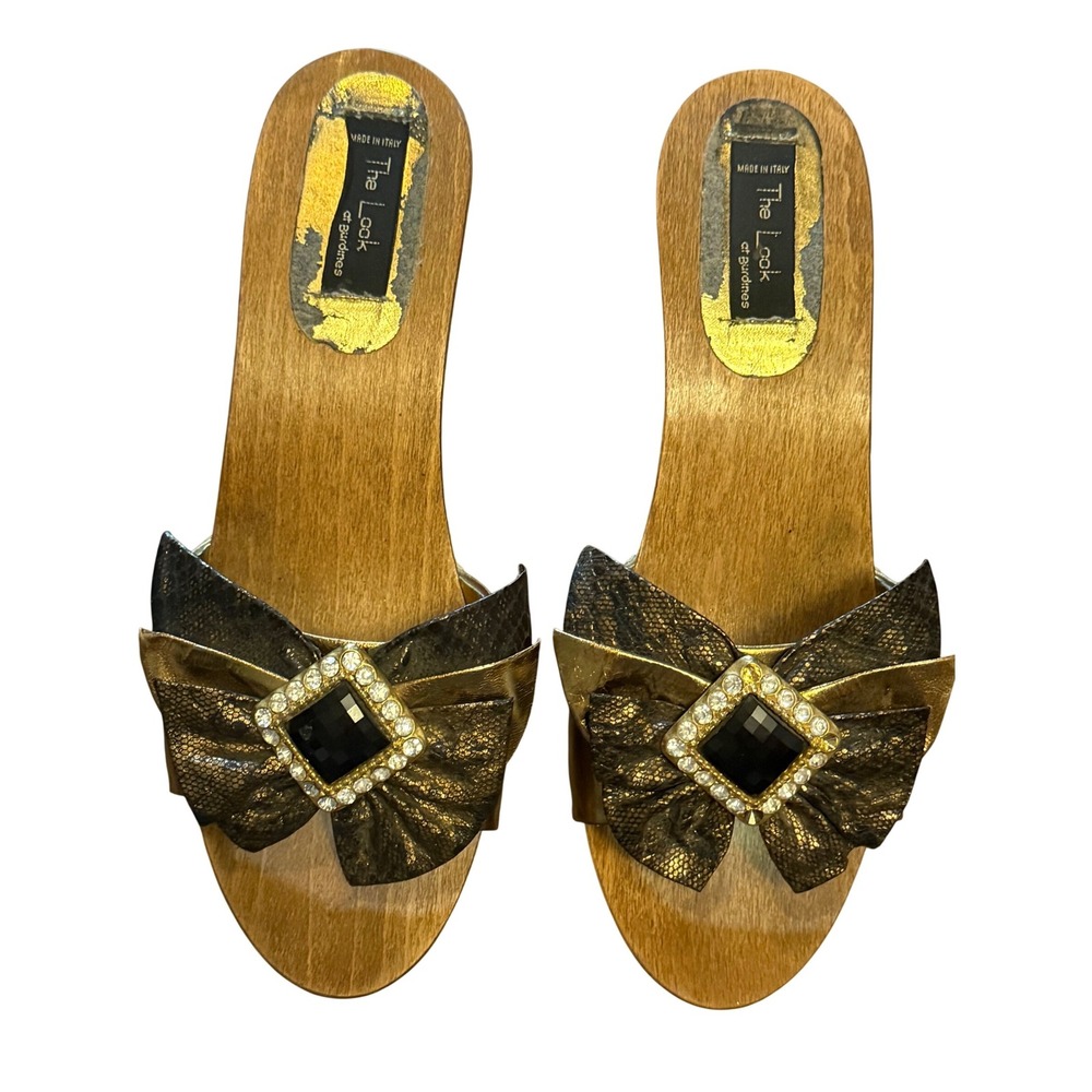 The Look at Burdines Vintage Gold Metallic Wedge Sandals Bow Rhinestone Italy 39